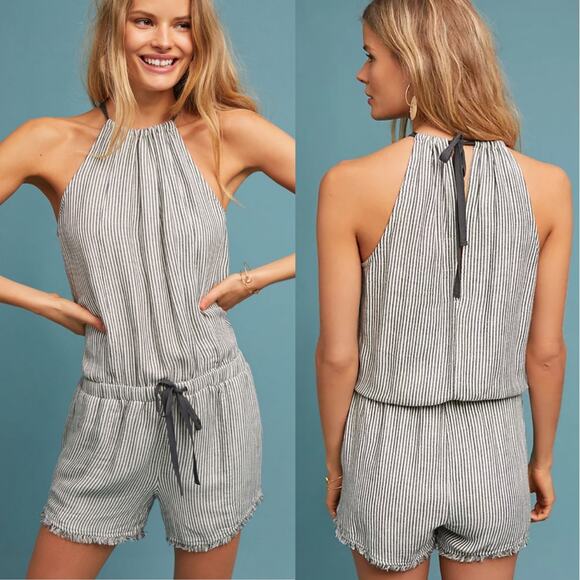 Anthropologie Cloth & Stone Susanna Romper Gray/White Striped Linen Blend XS - Picture 1 of 15